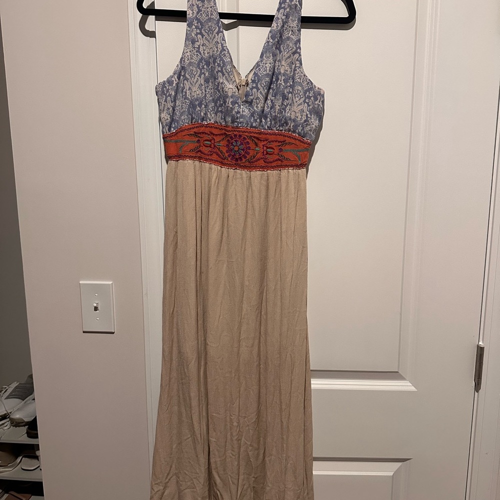 Flying Tomato Blue and Beige Long Dress with Orange Accents